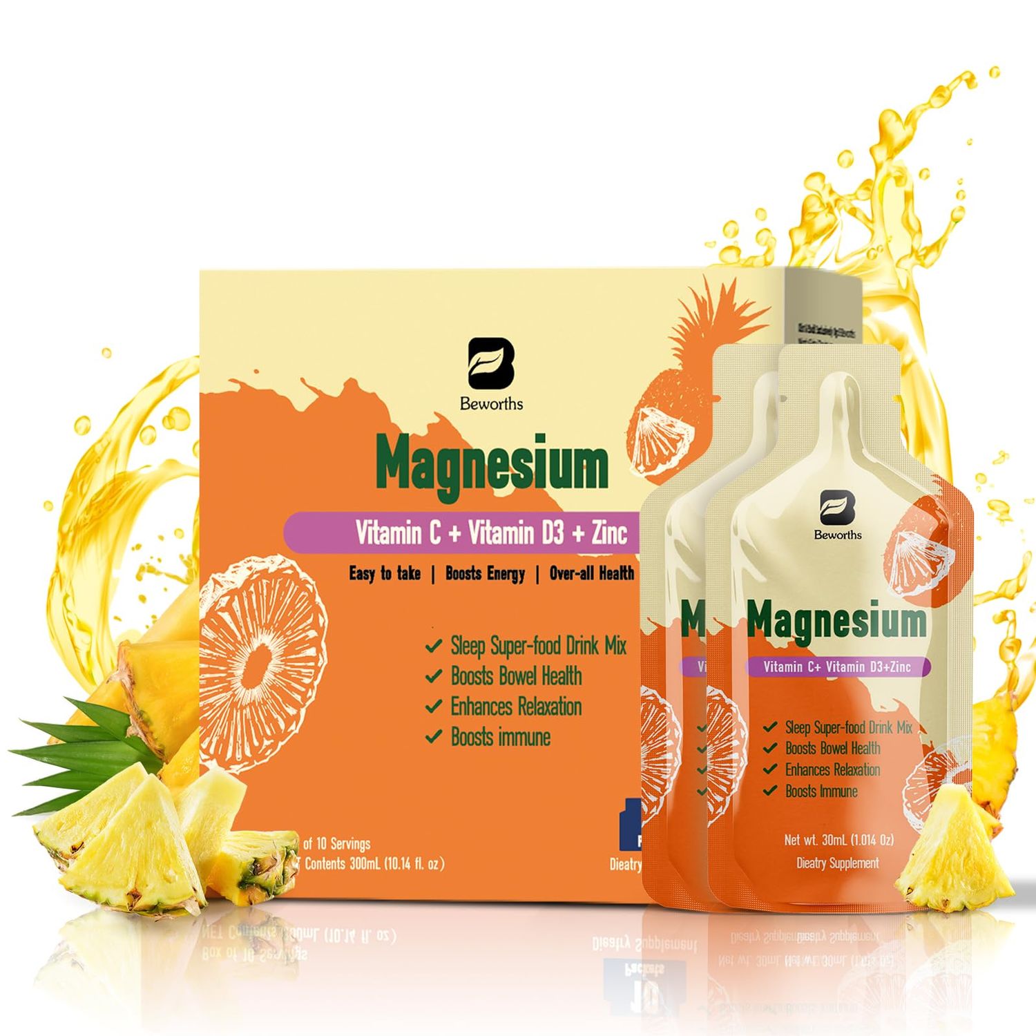 Magnesium Citrate Liquid Supplement, with Bromelain, Vitamin C, D3, B6, Zinc, High Absorption Magnesium Citrate Oral Solution, Magnesium for Constipation, Zzz Energy, Pineapple, 10 Fl Oz