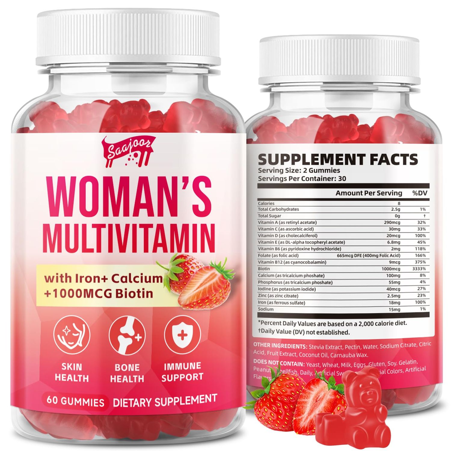 Women s Multivitamin Gummies, Supplement with Vitamin A, C, D, E and Zinc for Immune Health Support, Sugar-Free Vegan Strawberry 60 Gummies