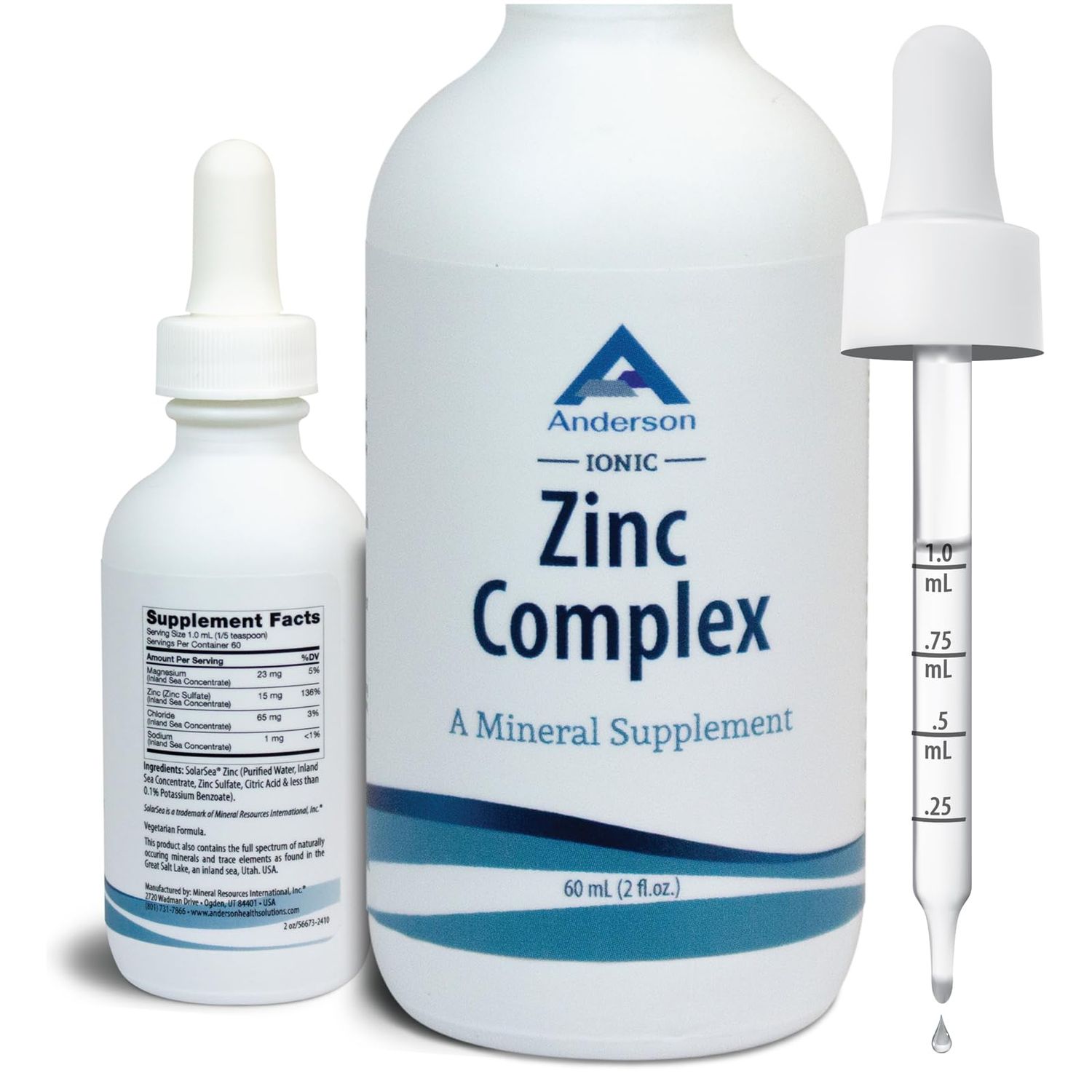 Anderson Ionic Zinc Complex, Liquid Drops for Immune Support, 15mg Zinc Sulfate per Serving, Balanced Trace Mineral Dietary Supplement for Women, Men, 60 Servings, 2oz Bottle