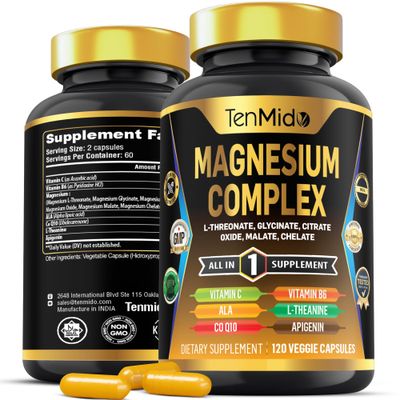 Tenmido Magnesium Complex Supplement - 6 Types of Magnesium Glycinate, L-Threonate, Citrate, Oxide, Malate, Chelate - Combine with ALA, CoQ10, L-Theanine, Apigenin More - 120 Capsules