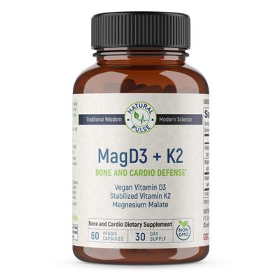 Natural Pulse Magnesium Malate Vegan Vitamin D3 Stabilized Vitamin K2, Complete Support Supplement for Cellular Energy, Cardiovascular, Immune and Metabolic Health Bone Strength, 90 Veggie Caps