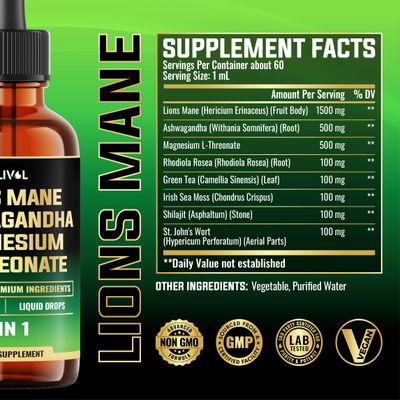 MILIVOL 8in1 Lions Mane Liquid Drops with Ashwagandha Root, Magnesium L-Threonate 5 Herbs - Mood Balance, Brain Health, Immune - 60 Days Supply - 2Fl oz