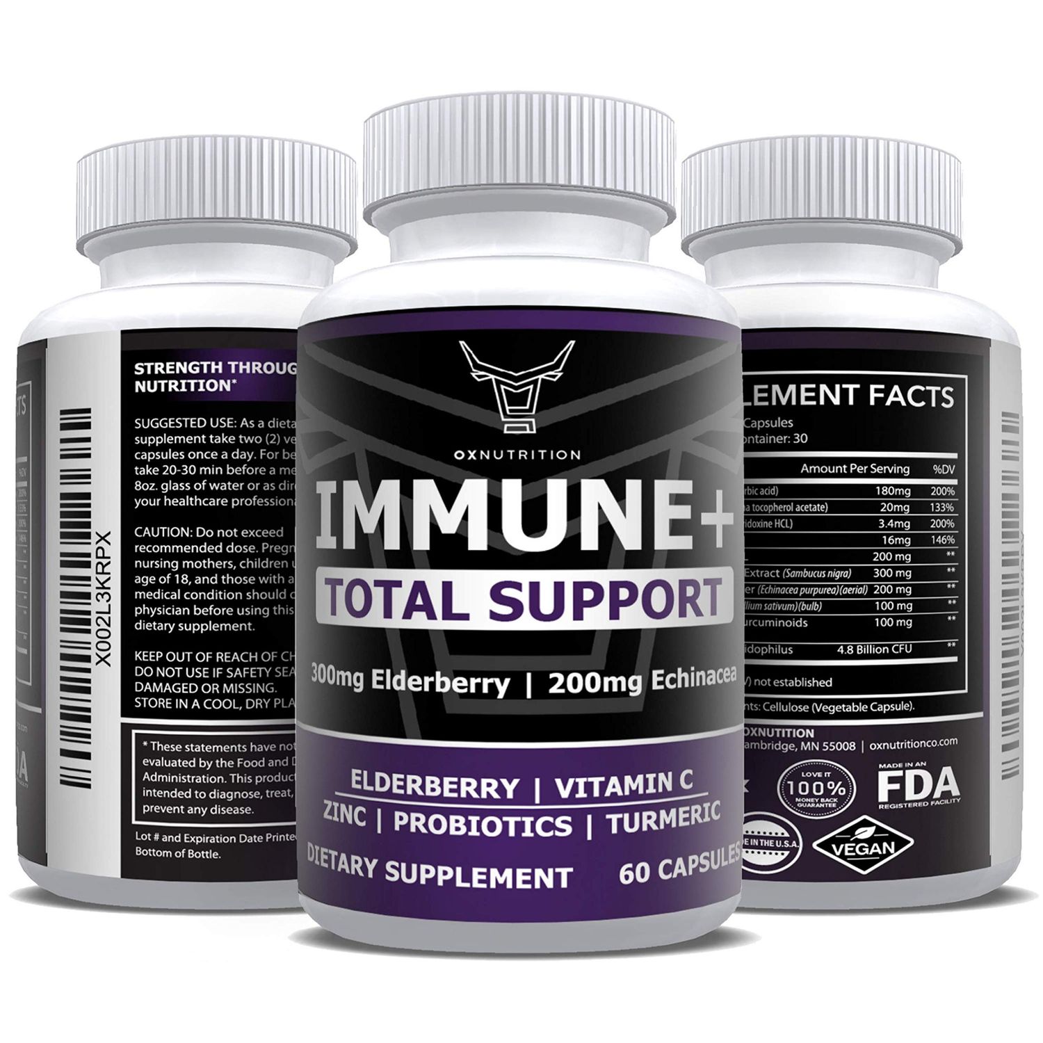 OX Nutrition 10 in 1 Elderberry, Vitamin C, Zinc, Vitamin E, Vitamin B6, Echinacea, Garlic, Turmeric, L-Glutamine HCL Lactobacillus Probiotics Antioxidants for Immune Defense 1 Month Supply