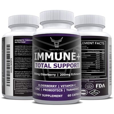 OX Nutrition 10 in 1 Elderberry, Vitamin C, Zinc, Vitamin E, Vitamin B6, Echinacea, Garlic, Turmeric, L-Glutamine HCL Lactobacillus Probiotics Antioxidants for Immune Defense 1 Month Supply