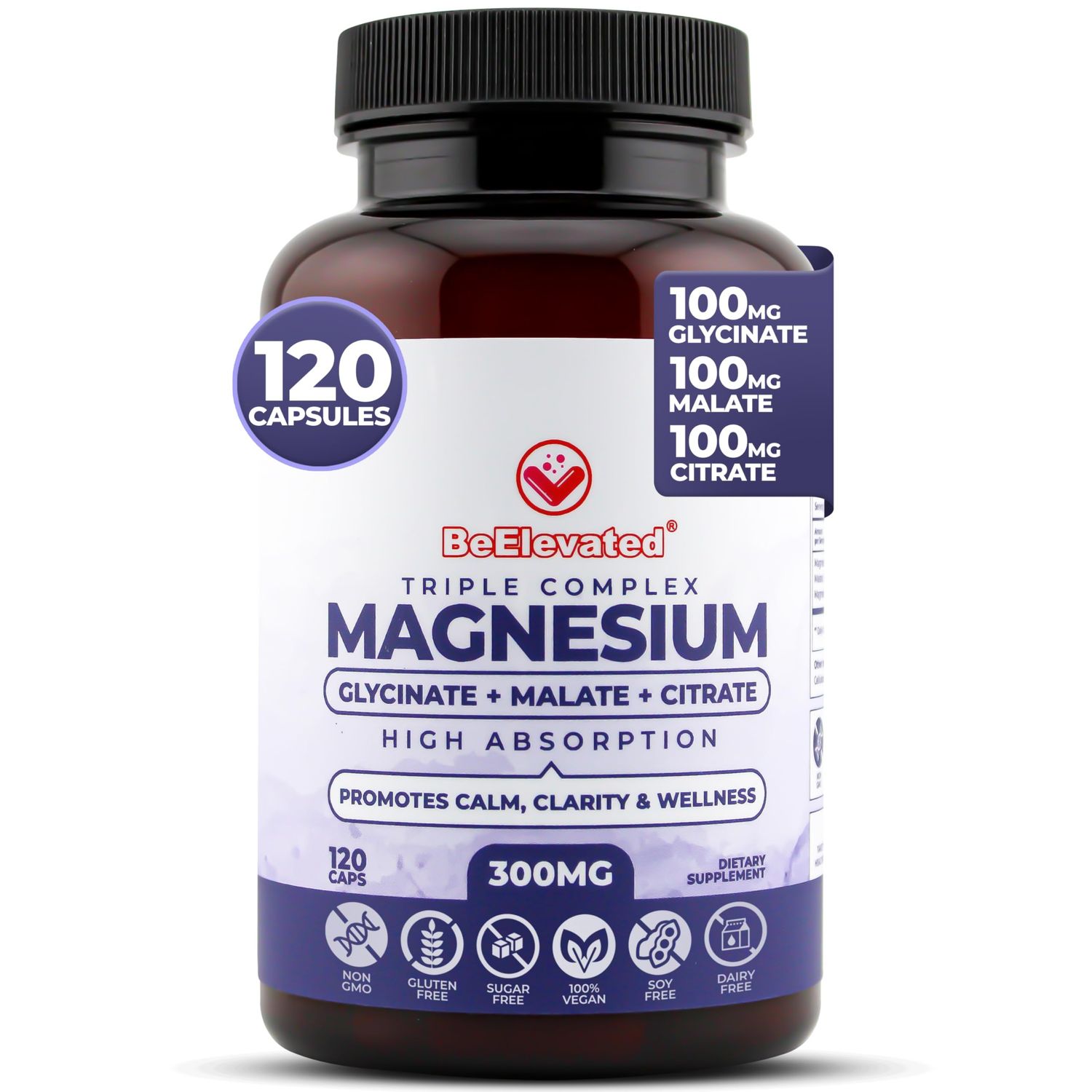 BeElevated Triple Complex Magnesium Supplement - Fast-Acting Magnesium Complex Supplement with Glycinate, Citrate Malate for Relaxation, Sleep Well-Being - Natural, Vegan, Non-GMO Capsules (300mg)