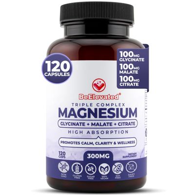 BeElevated Triple Complex Magnesium Supplement - Fast-Acting Magnesium Complex Supplement with Glycinate, Citrate Malate for Relaxation, Sleep Well-Being - Natural, Vegan, Non-GMO Capsules (300mg)