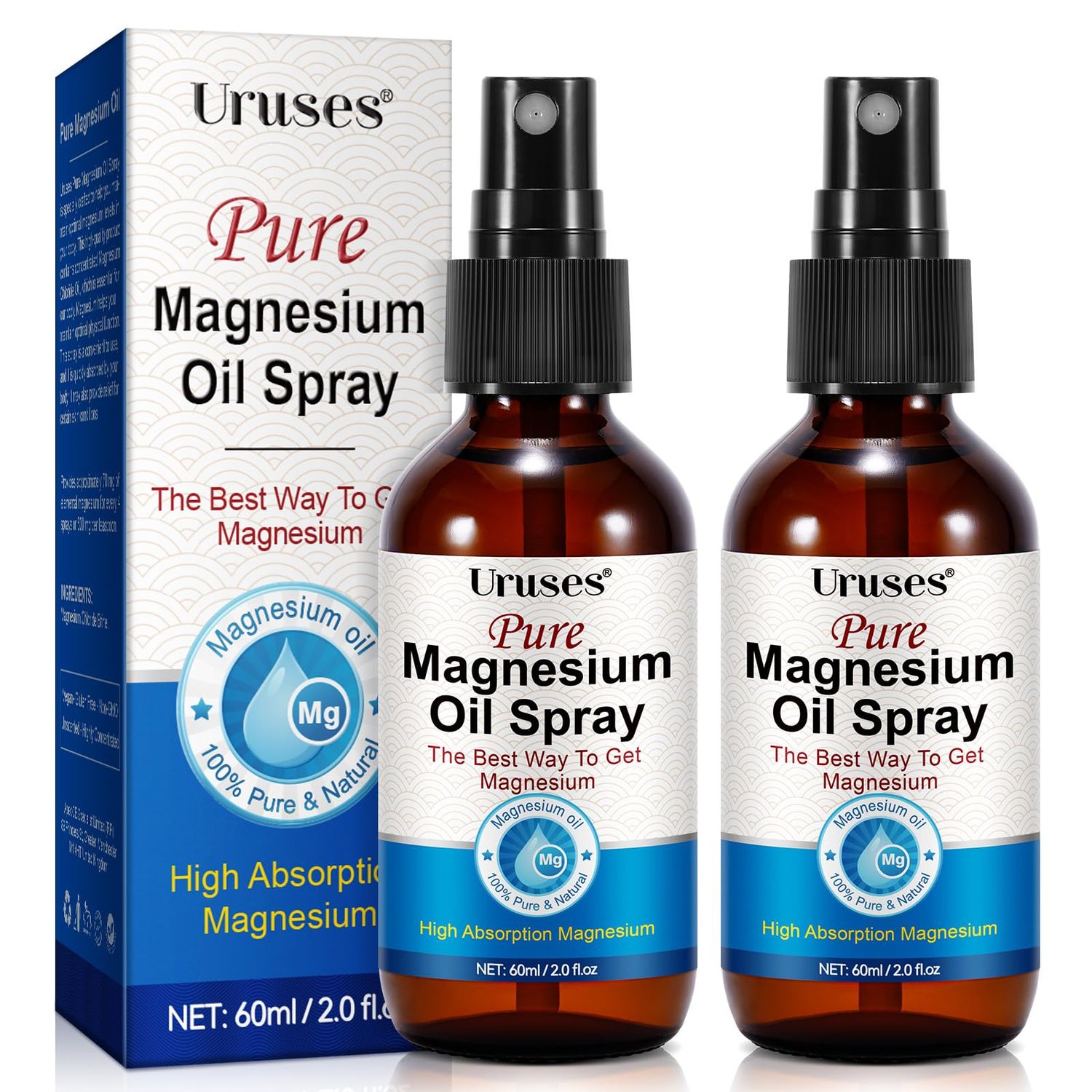 2PCS Pure Magnesium Oil Spray, Topical Magnesium Spray Glass Bottle,Magnesium Oil Spray for Feet, Magnesium Chloride Brine, Easyt to Use and Easy to Absortion