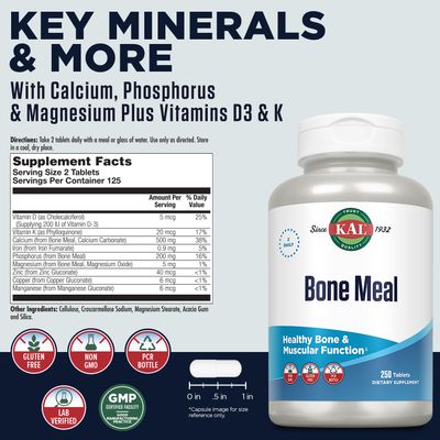 KAL Bone Meal Tablets, Calcium Supplement wMagnesium, Vitamin D3 and K, Bone Health, Muscle and Nerve Function Support, Rapid Disintegration, Gluten Free, Non-GMO, 60-Day Guarantee, 125 Serv, 250ct
