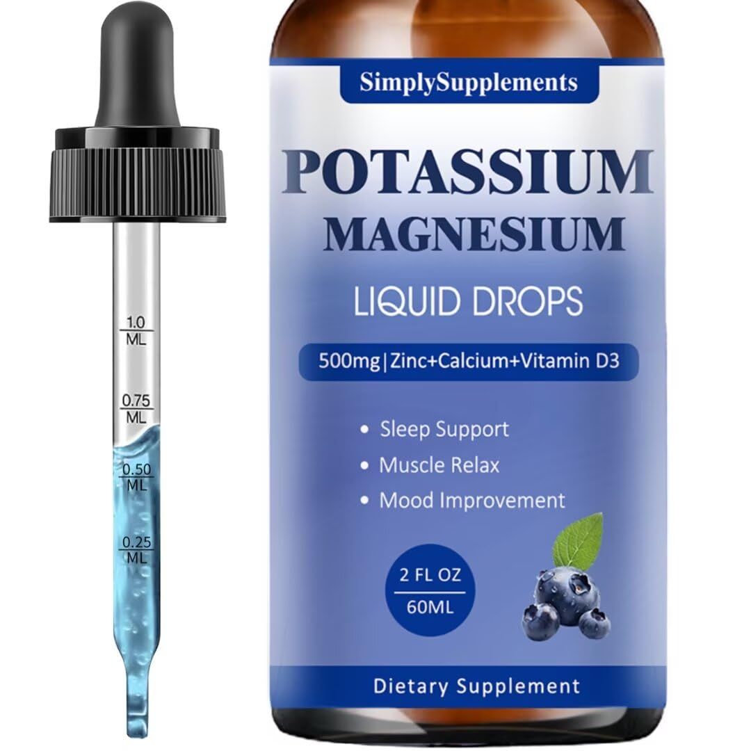 Potassium Magnesium Supplement - Potassium 99mg 500mg Magnesium Glycinate Complex Liquid Drops with Calcium, Zinc, Vitamin B6, D3 - Energy Bone Muscle Support - 2 Fl oz