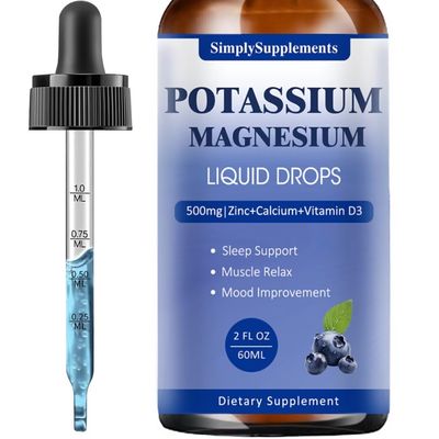 Potassium Magnesium Supplement - Potassium 99mg 500mg Magnesium Glycinate Complex Liquid Drops with Calcium, Zinc, Vitamin B6, D3 - Energy Bone Muscle Support - 2 Fl oz