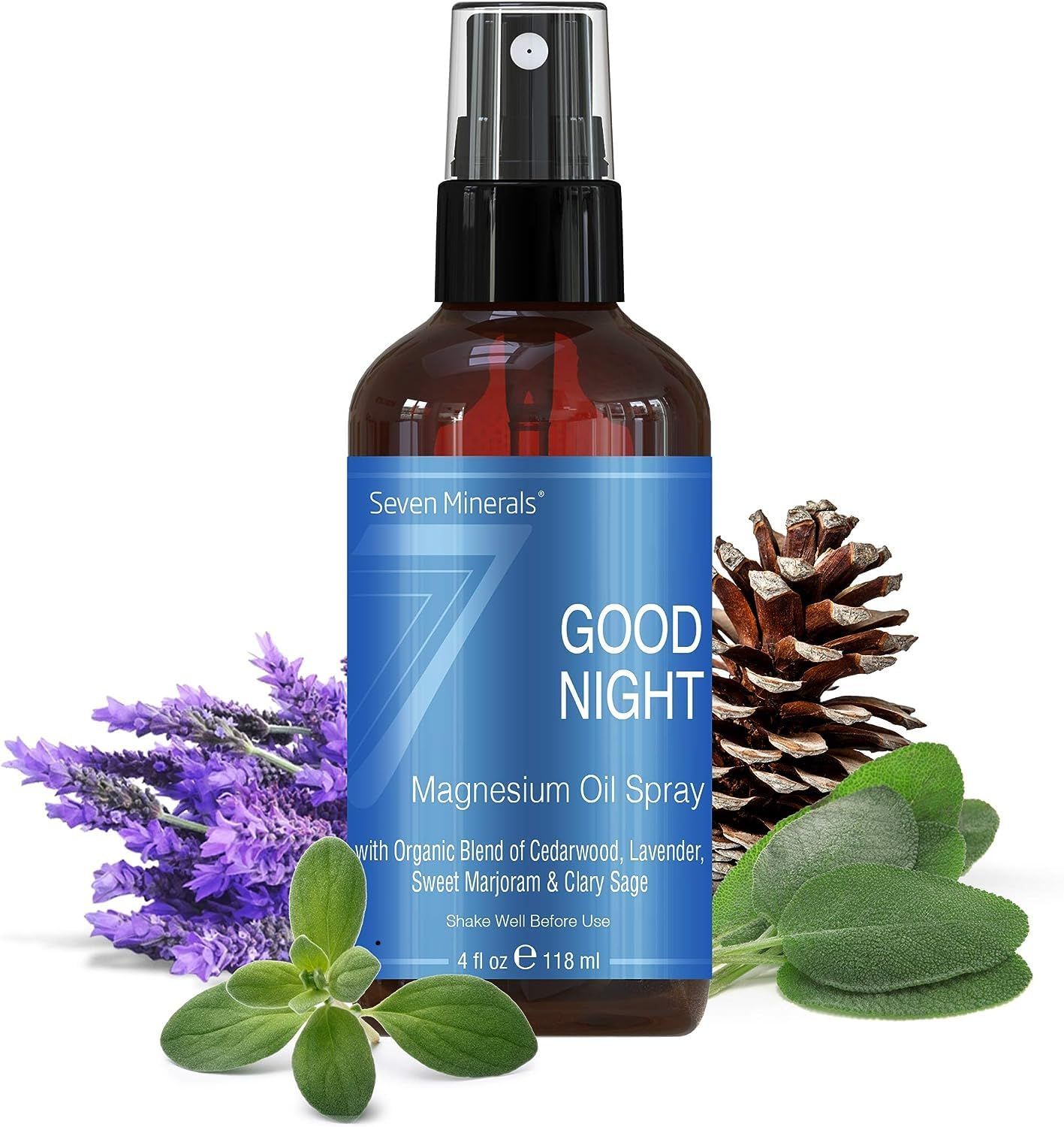 Seven Minerals Good Night Magnesium Spray, Powerful Organic Blend of Essential Oils (Cedarwood, Lavendar, Sweet Marjoram, Clary Sage) 4 fl oz