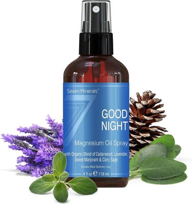 Seven Minerals Good Night Magnesium Spray, Powerful Organic Blend of Essential Oils (Cedarwood, Lavendar, Sweet Marjoram, Clary Sage) 4 fl oz