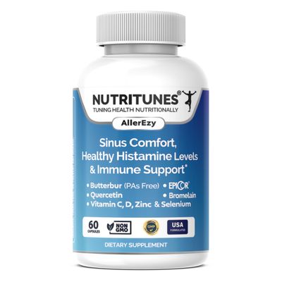 Nutritunes AllerEzy - Supports Healthy Histamine Levels, Sinus Comfort, and Immune Health with Butterbur, EpiCor, Quercetin, Bromelain, Vitamins C and D, Zinc, and Selenium - 60 Capsules