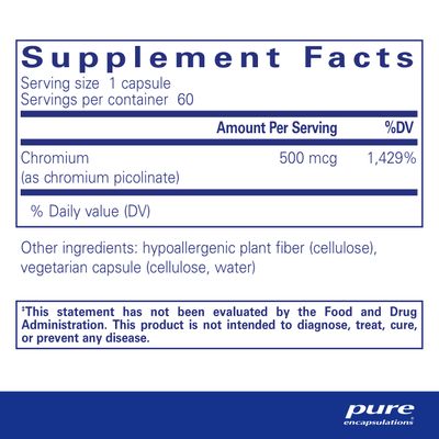 Pure Encapsulations Chromium (Picolinate) 500 mcg - for Lipid Carbohydrate Metabolism - Mineral Supplement - Superior Absorption Chromium Supplement - Vegan Gluten Free - 60 Capsules