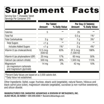 Bariatric Advantage Calcium Citrate Chewable 500 mg - for Bariatric Surgery Patients - High-Potency, Easy-Digest Tablets - Calcium Citrate - Bone Strength Supplements - 270 Count - Cinnamon