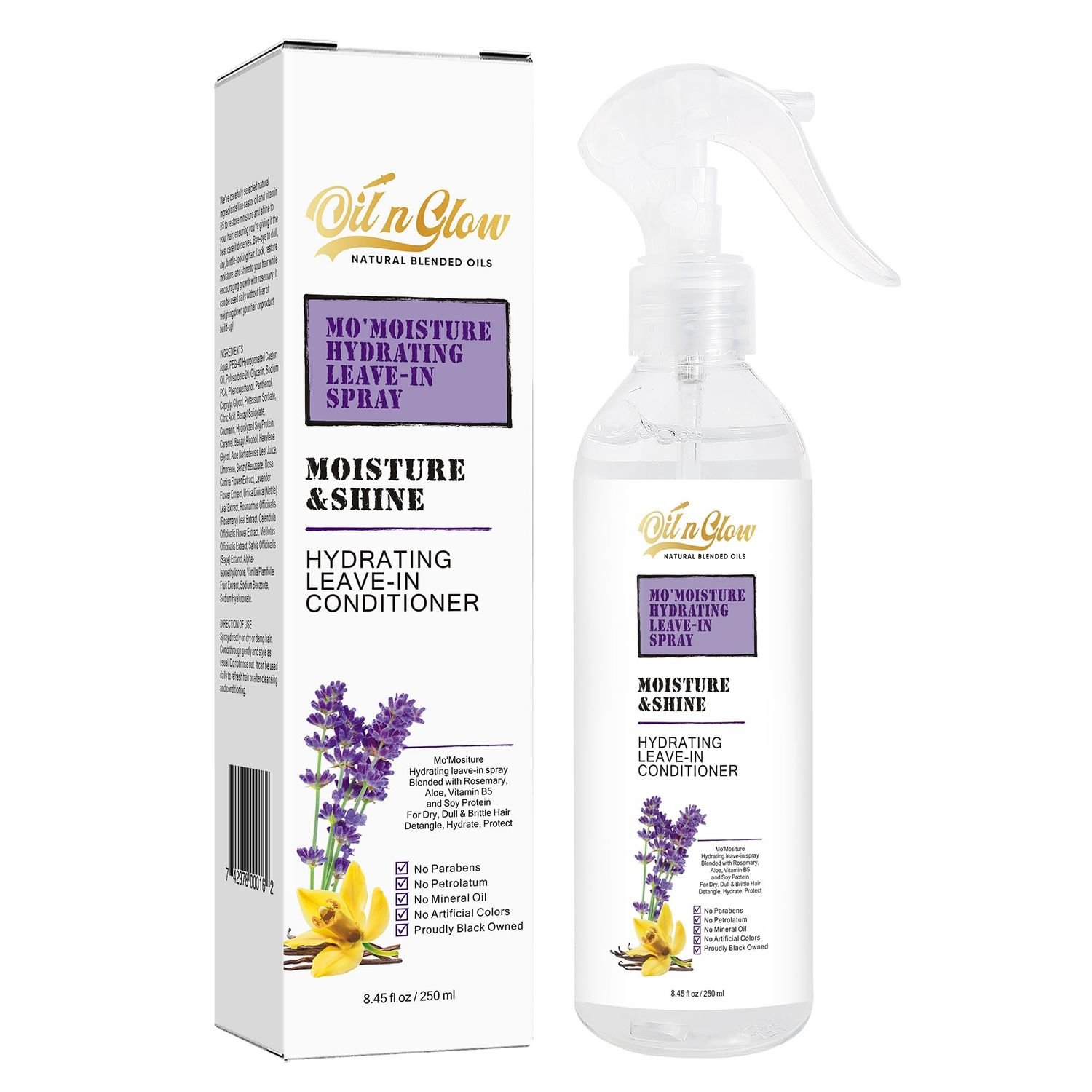 OilnGlow - Lightweight Water-Based Leave In Conditioner Spray Anti-Frizz Moisturizer for Matted, Dry, Dull, Curly 4c Hair Hydration, Paraben and Sulfate Free Conditioner, Color Safe - 8.45 Fl. Oz