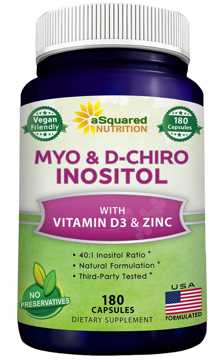aSquared Nutrition Myo-Inositol D-Chiro Inositol Supplement - 180 Capsules - Plus Vitamin D3 and Zinc - Myo D-Chiro Inositol 40 to 1 Ratio - VIT B8 Complex Pills