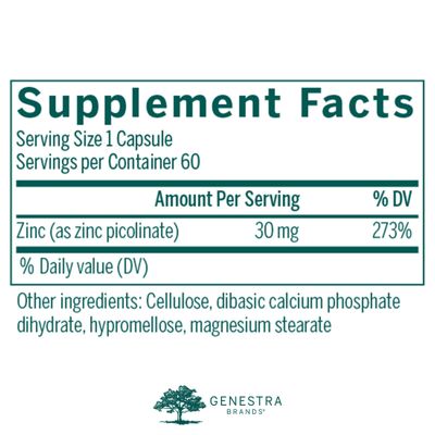 Genestra Brands Zinc Picolinate Formula Supports Immunity, Skin, and Connective Tissue Formation 60 Capsules