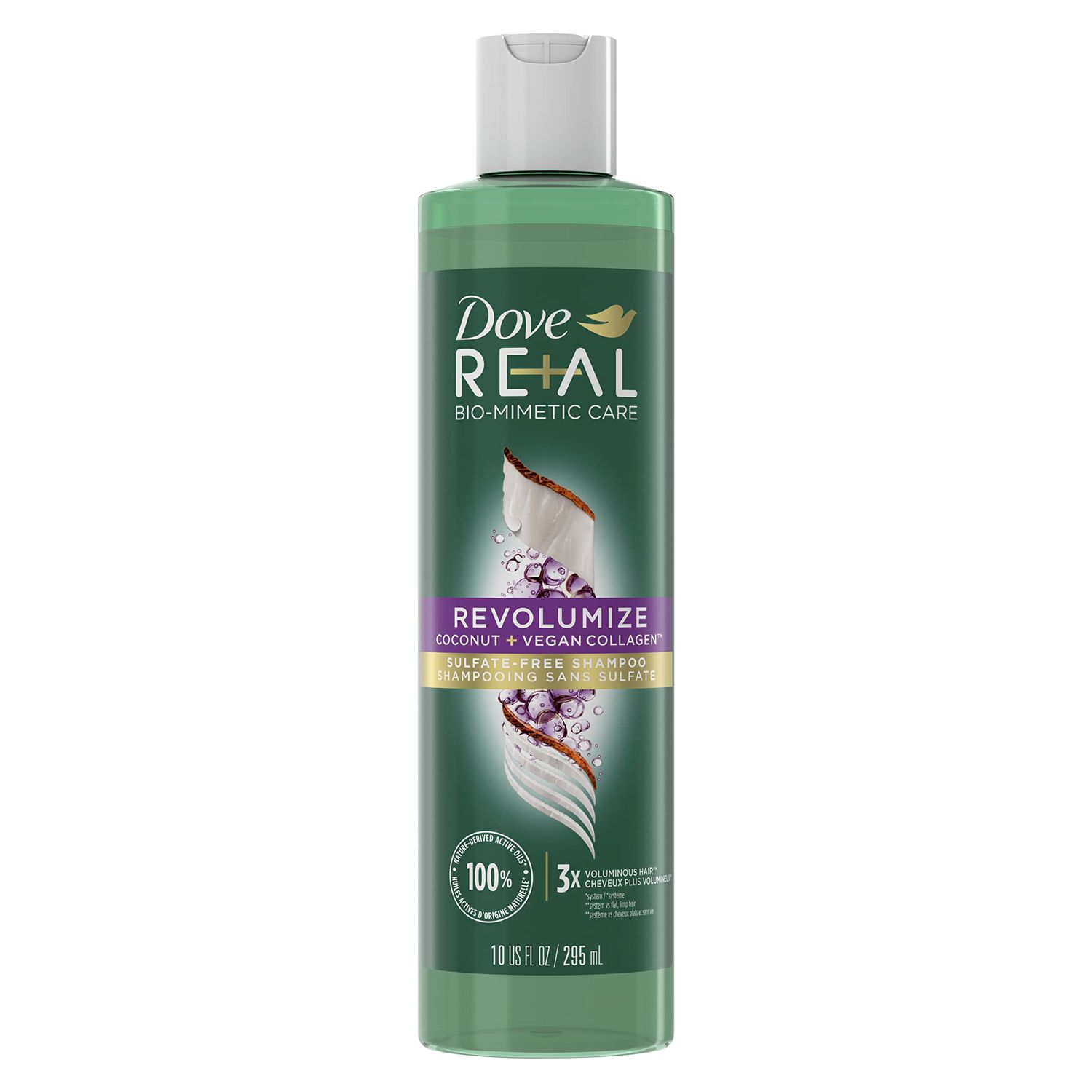 Dove REAL Bio-Mimetic Care Shampoo For Fine, Flat Hair Revolumize Sulfate-Free Volumizing Shampoo With Coconut Vegan Collagen 10 Oz