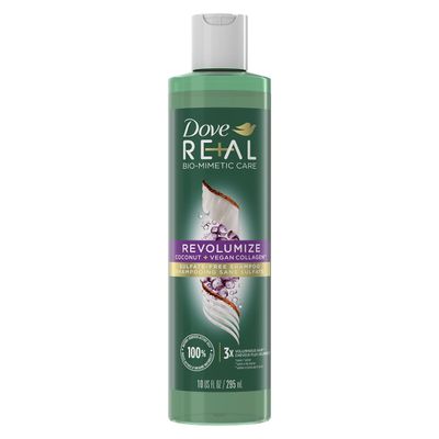 Dove REAL Bio-Mimetic Care Shampoo For Fine, Flat Hair Revolumize Sulfate-Free Volumizing Shampoo With Coconut Vegan Collagen 10 Oz