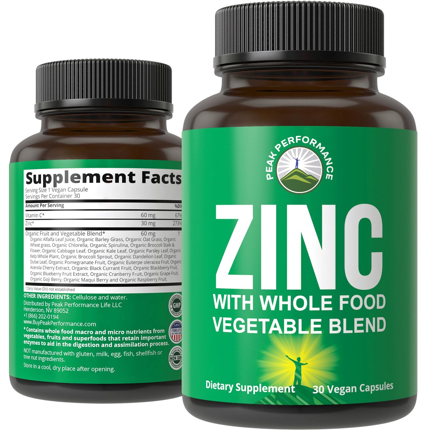 Vegan Zinc Supplement with Vitamin C Whole Food Blend of 25 Vegetables and Fruits for Max Absorption. Zinc Supplements 30mg Capsules, Pills, Tablets, Vitamins for Adults Both Men and Women