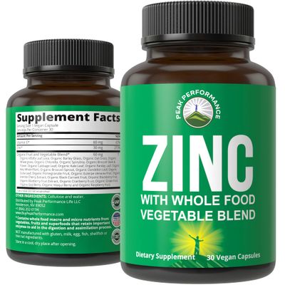 Vegan Zinc Supplement with Vitamin C Whole Food Blend of 25 Vegetables and Fruits for Max Absorption. Zinc Supplements 30mg Capsules, Pills, Tablets, Vitamins for Adults Both Men and Women
