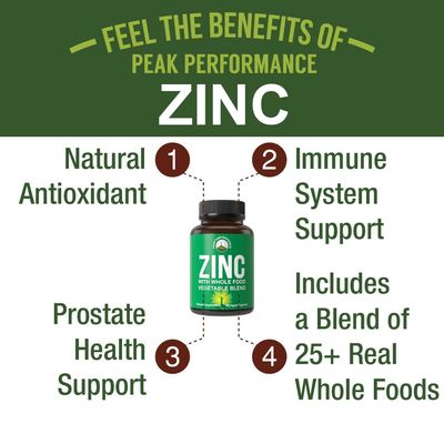 Vegan Zinc Supplement with Vitamin C Whole Food Blend of 25 Vegetables and Fruits for Max Absorption. Zinc Supplements 30mg Capsules, Pills, Tablets, Vitamins for Adults Both Men and Women