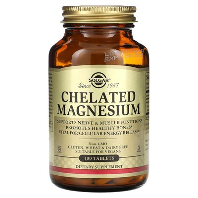 Solgar Chelated Magnesium - 100 Tablets - Supports Nerve Muscle Function - Non-GMO, Vegan, Gluten Free, Dairy Free, Kosher - 25 Servings