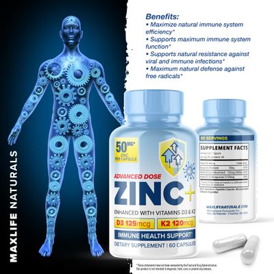 Zinc Picolinate 50mg with Vitamin K2 MK-7 Vitamin D3 5000 IU, Zinc 50mg with 120mcg Vitamin K2 as MK7, Non-GMO Zinc Supplements Easy to Swallow Alternative to Lozenge, Chewable Tablets, Liquid Zinc