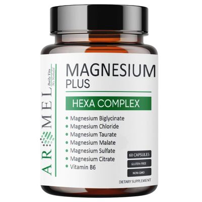 Magnesium Complex 60 Capsules with Bisglycinate Chloride Taurat Sulfate Citrate Malate Vitamin B6 Complex by Aromel