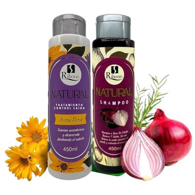 Ribon&#39;s Natural Shampoo Hair Treatment Set - Anti-Hair Loss, Strengthening Nourishing Formula with Onion, Rosemary Aloe Vera - Floral Scent - 450ml Each