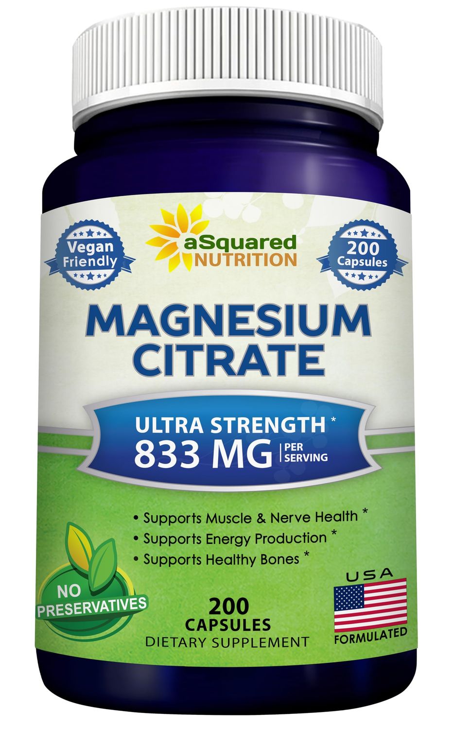 aSquared Nutrition Magnesium Citrate 833mg Supplement - 200 Capsules - Max Strength Vegan Mag Citrate Powder Pills to Support Pure Function of Muscles, Heart Bones - Helps Increase Energy