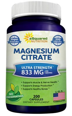 aSquared Nutrition Magnesium Citrate 833mg Supplement - 200 Capsules - Max Strength Vegan Mag Citrate Powder Pills to Support Pure Function of Muscles, Heart Bones - Helps Increase Energy