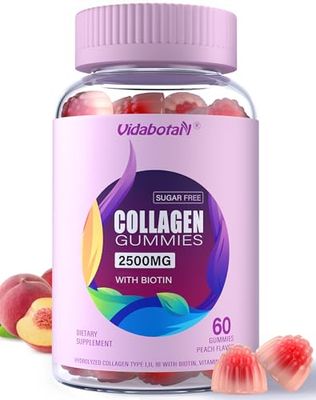 vidabotan Sugar Free Collagen Gummies for Women, Super Strength 2500mg Hydrolyzed Collagen Peptides with Biotin,Vitamin D3,E,C,B12,Zinc,Natural Peach Flavor,60 Gummies