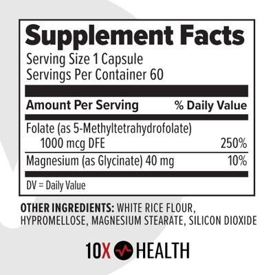 10X Health 5 MTHF Supplement - Methylated Multivitamin with Methylfolate Magnesium for Brain, Heart Health, DNA Neurotransmitter Synthesis - Bioavailable 5-MTHF Supplement - 60 Capsules