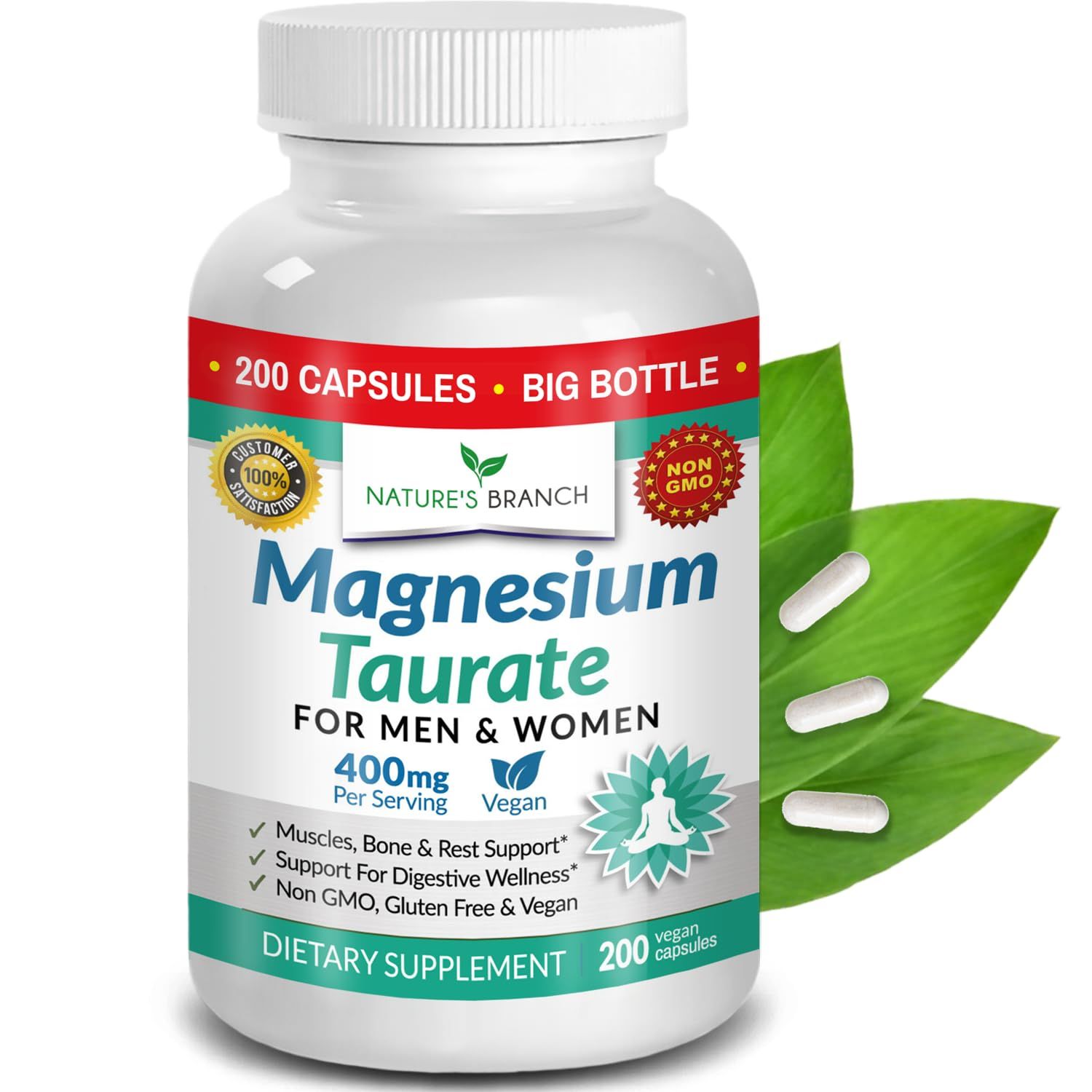 Magnesium Taurate 400mg - 200 Capsules - High Absorption for Sleep, Heart Health, Calm, Joint Supplement for Women and Men - Made in USA, Pure Elemental Mag Powder Plus Taurine - Extra Strength Pills