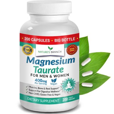 Magnesium Taurate 400mg - 200 Capsules - High Absorption for Sleep, Heart Health, Calm, Joint Supplement for Women and Men - Made in USA, Pure Elemental Mag Powder Plus Taurine - Extra Strength Pills