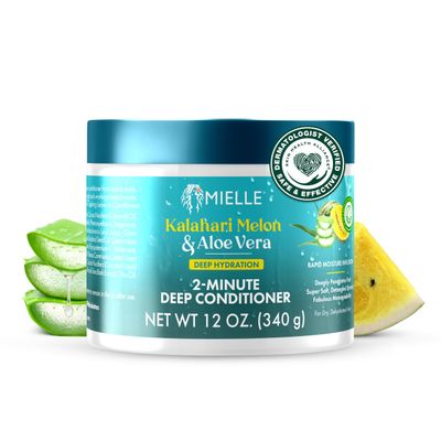 Mielle 2-Minute Deep Conditioner - Kalahari Melon Aloe Vera Moisturizing Hair Conditioner for Dry, Curly and Textured Hair - Softening, Detangling Fast-Acting Deep Conditioning Treatment (12 oz)