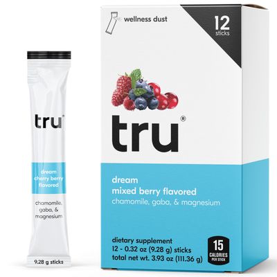 Tru Dream Powder Drink Mix for Deep Sleep, Calm and Relaxation from Magnesium, Chamomile GABA, Mixed Berry Flavored Supplement Sticks with Low Cals, No Added Sugar, Vegan - 9g (12 Pack)