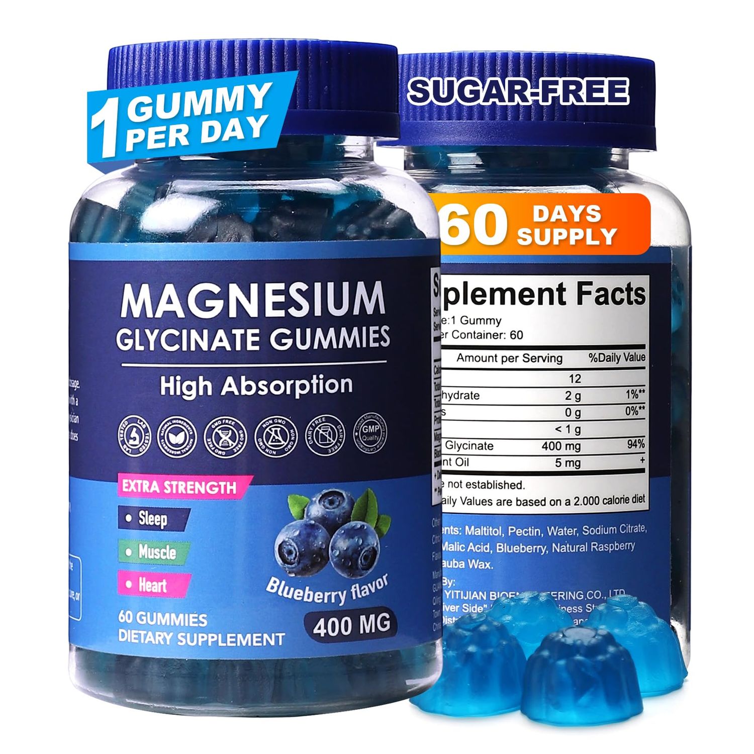 Blueberry Flavor Magnesium Glycinate Gummies 400mg - High Absorption Supplement for Adults and Kids, Sugar-Free, Gelatin-Free, Vegan-Friendly, 60-Day Supply