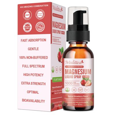 Magnesium Glycinate Liquid Spray with Citrate, Oxide Malate, Magnesium with Whole Vitamin, L-Theanine, D3K2, B6 for Heart, Leg Cramps,MusclesEnergy- Sugar-Free Strawberry Flavor, 2 Fl Oz