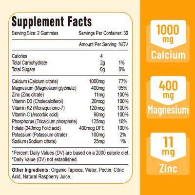 Calcium Magnesium Zinc Gummies with Vitamin D3 and K2, High Absorption Magnesium Glycinate Potassium for Immune and Calm Mood, Vegan Mango and Pineapple Flavor 60 Gummies