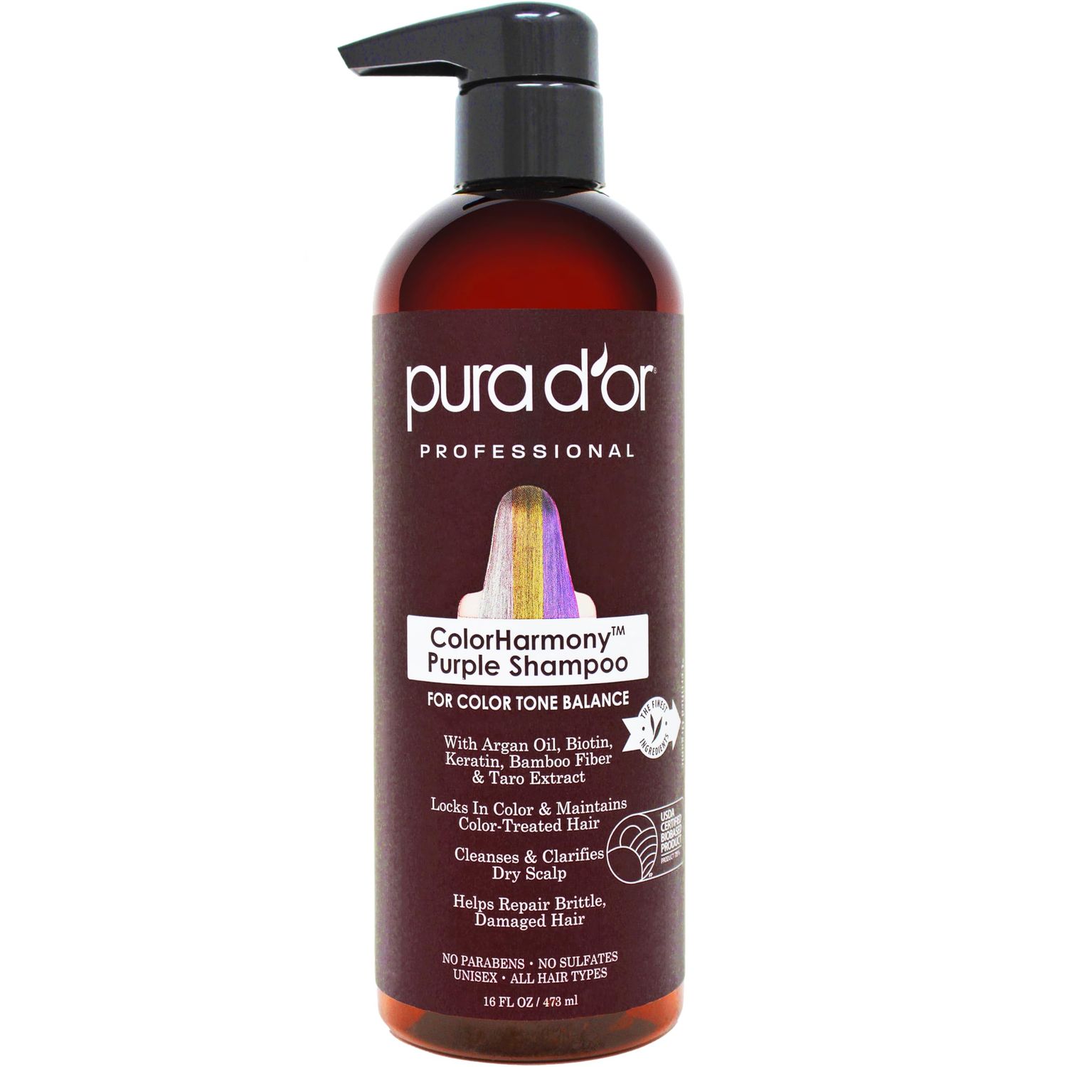 PURA D&#39;OR 16 Oz ColorHarmony Purple Shampoo For Bleached, Blonde, Silver Color Treated Hair - Keratin, Bamboo Fiber, No Sulfates, Select Natural Ingredients - Men Women