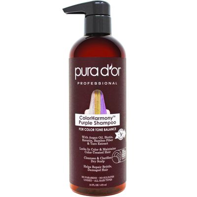 PURA D&#39;OR 16 Oz ColorHarmony Purple Shampoo For Bleached, Blonde, Silver Color Treated Hair - Keratin, Bamboo Fiber, No Sulfates, Select Natural Ingredients - Men Women