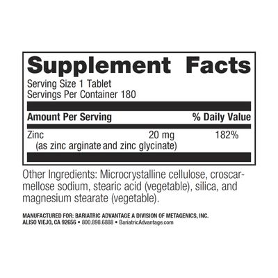 Bariatric Advantage Non Chewable Zinc Chelate, Highly Absorbable 20 mg Zinc Arginine and Zinc Glycine Tablets for Bariatric Surgery Patients - 180 Tablets