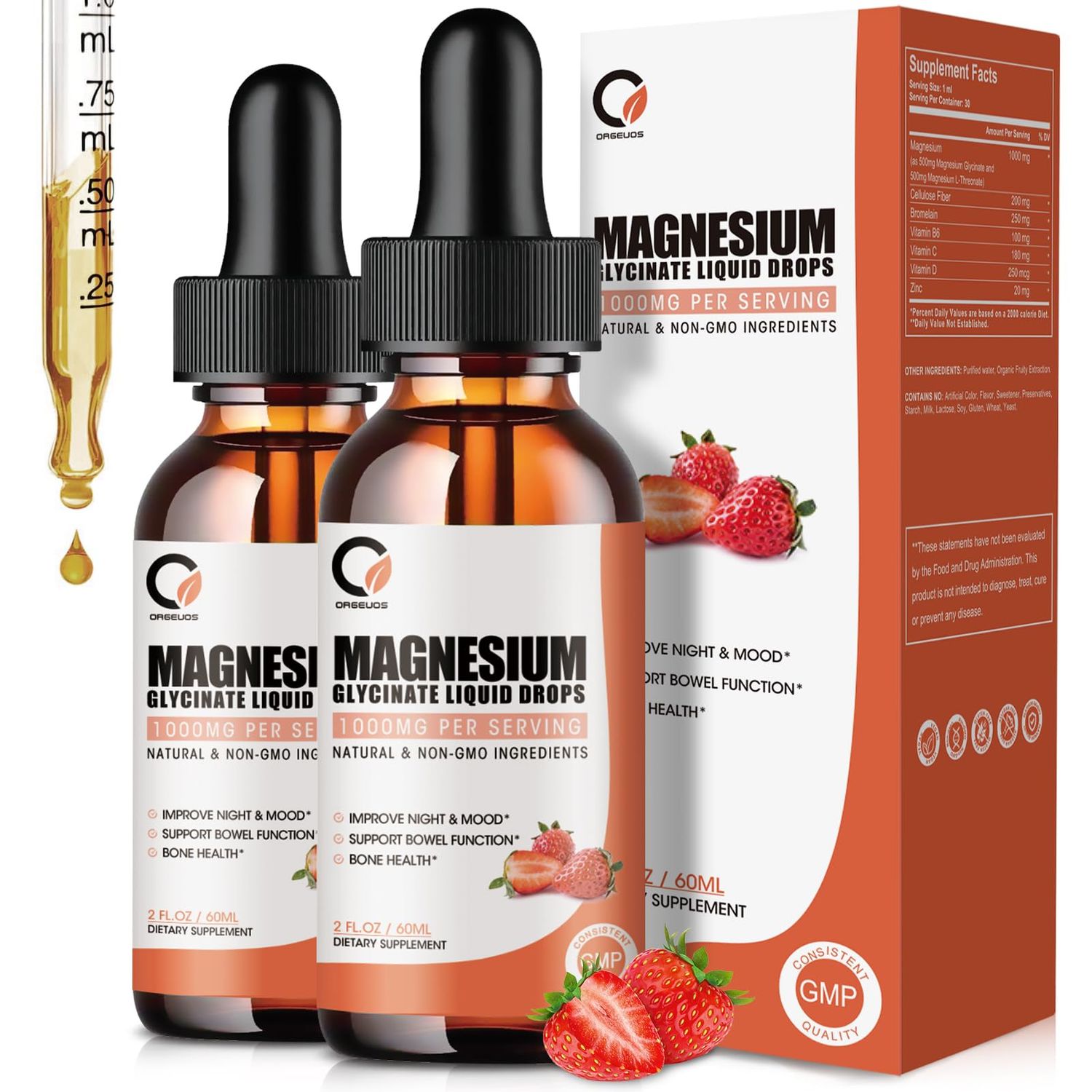 ORGEUOS Magnesium Glycinate Liquid Drops,1000 mg Liquid Magnesium Supplement with Bromelain, Vitamin B6 C D, High Absorption Magnesium Complex for Night, Muscle Energy Support, 2 Fl Oz (Pack of 2)