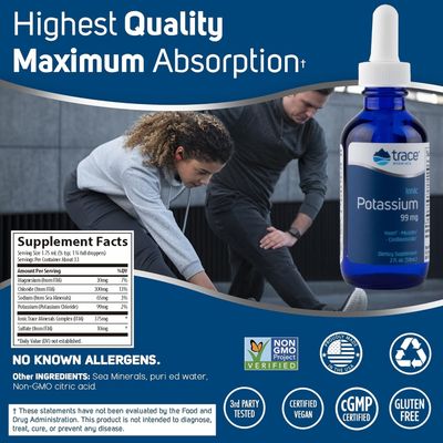 Trace Minerals Ionic Potassium - Supplement with Potassium Magnesium - Liquid Supplement to Aid Easy Mineral Absorption - Healthy Brain Muscle Function Supplement - 2 fl oz (2 Pack) (66 Servings)