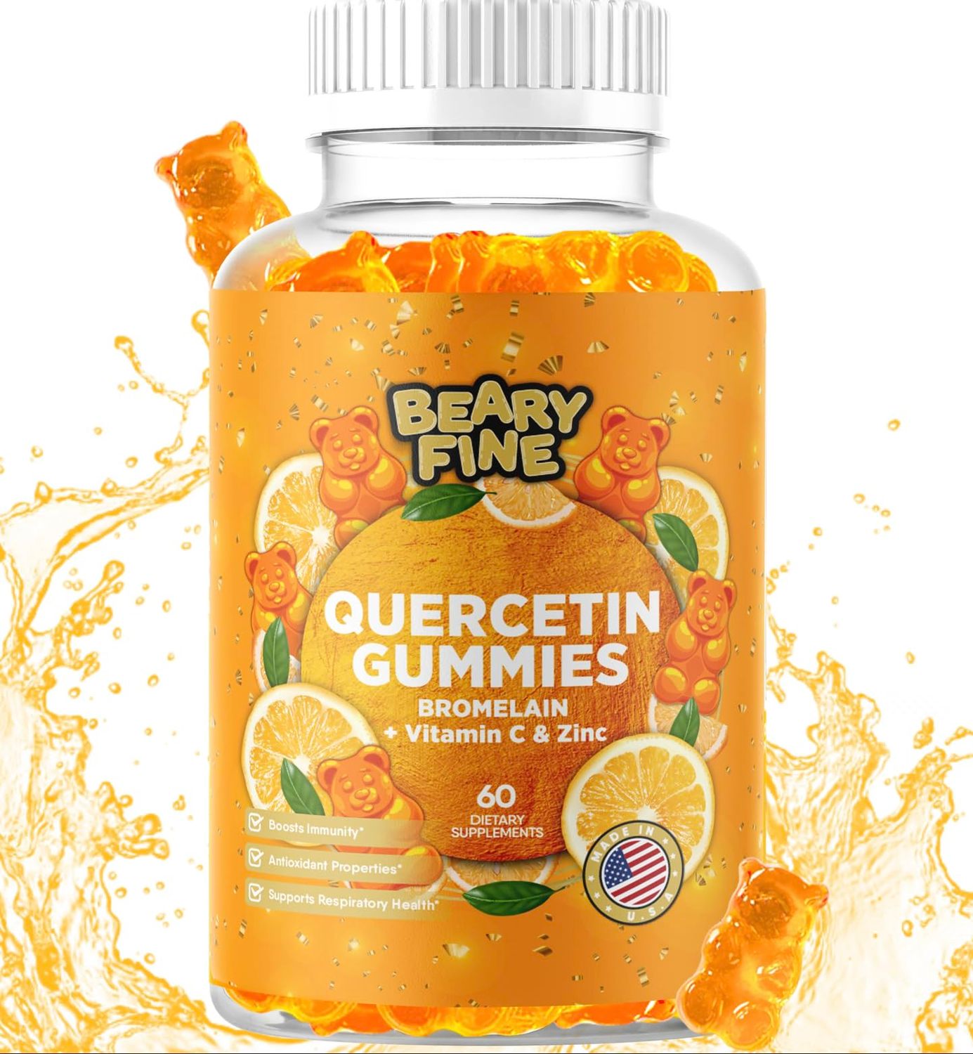 Beary Fine Quercetin with Bromelain Gummies - Vitamin C Zinc Vitamin D3 - Extra Strength Immune Support Booster - 60 Quercetin Gummies - Made in The USA