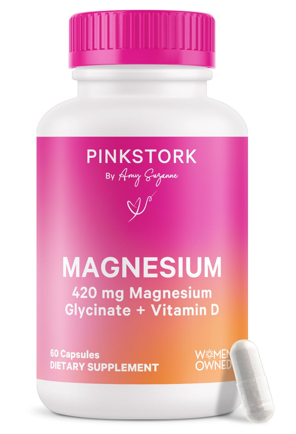 Pink Stork Magnesium Glycinate with Vitamin D - Magnesium Supplement for Women to Support Natural Calm, Mood, and Sleep - Hormone Balance for Women - 60 Capsules, 1 Month Supply
