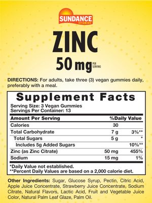 Sundance Zinc Gummies for Adults 50mg Mixed Berry Flavor Vegan, Non-GMO and Gluten Free Supplement